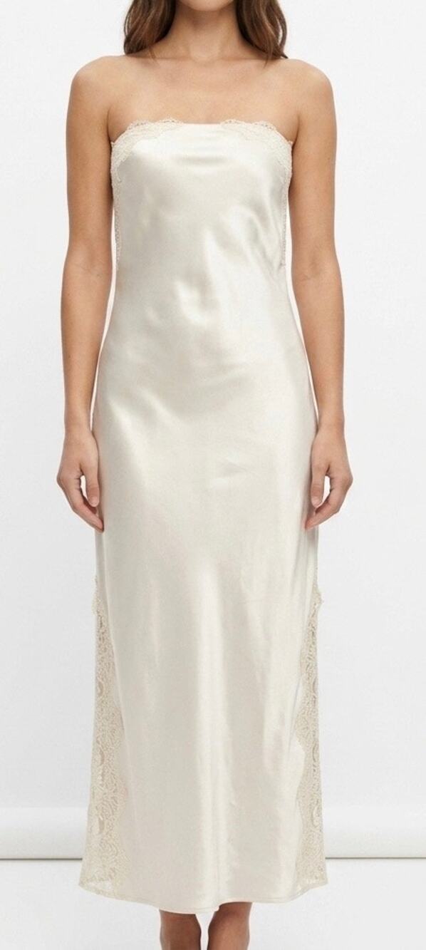 Camila Coehlo Strapless Satin Maxi Dress Lace Detail Nude Tan New size Small